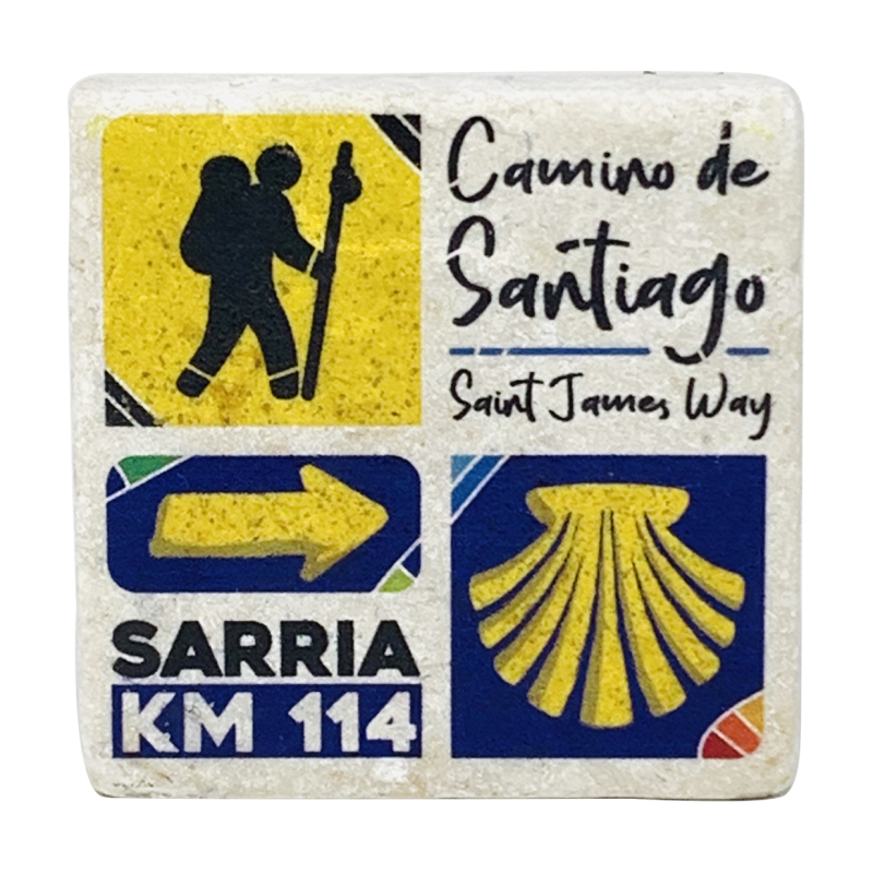 Ímã de pedra pintada Peregrino e Concha Sarria Km 114